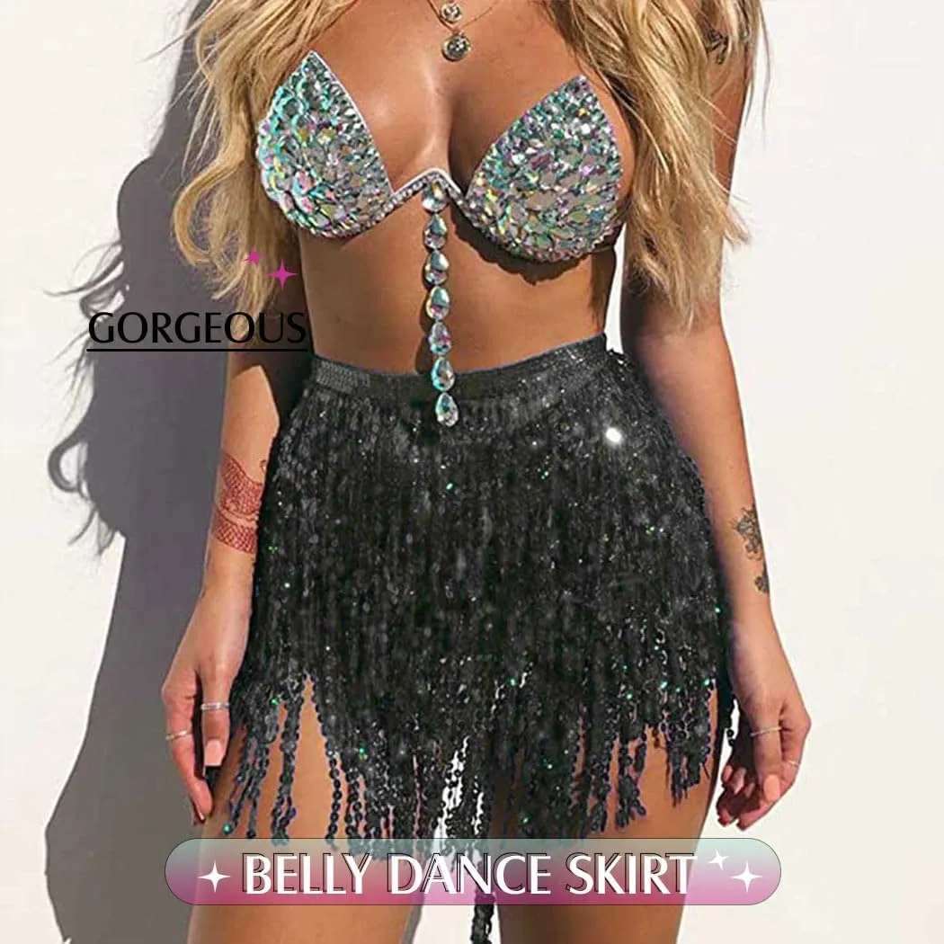 Women Belly Dance Skirt Sequin Fringe Wrap Skirts Sparkly Hip Scarf Skirt Party Rave Costume