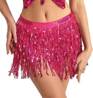 Women Belly Dance Skirt Sequin Fringe Wrap Skirts Sparkly Hip Scarf Skirt Party Rave Costume