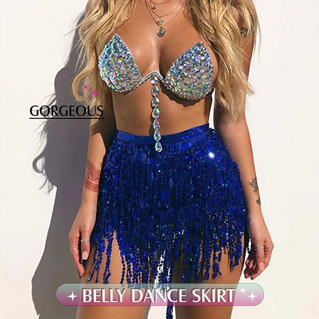 Women Belly Dance Skirt Sequin Fringe Wrap Skirts Sparkly Hip Scarf Skirt Party Rave Costume