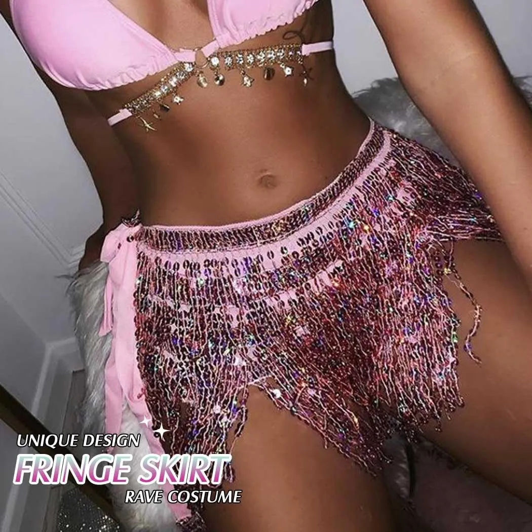 Women Belly Dance Skirt Sequin Fringe Wrap Skirts Sparkly Hip Scarf Skirt Party Rave Costume