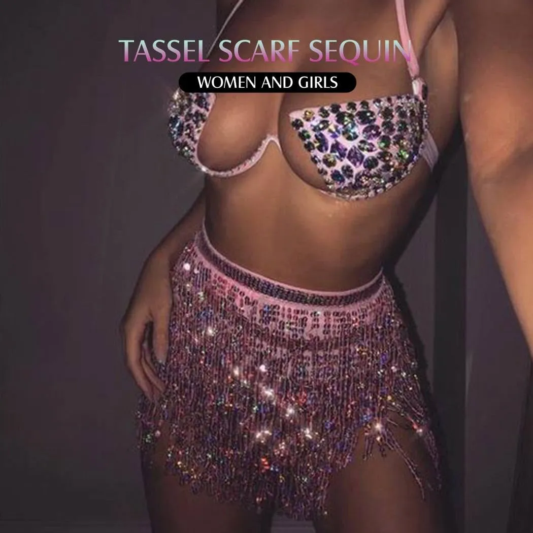 Women Belly Dance Skirt Sequin Fringe Wrap Skirts Sparkly Hip Scarf Skirt Party Rave Costume