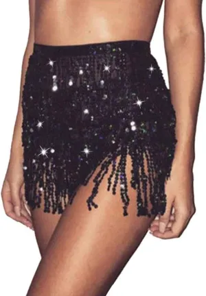 Women Belly Dance Skirt Sequin Fringe Wrap Skirts Sparkly Hip Scarf Skirt Party Rave Costume