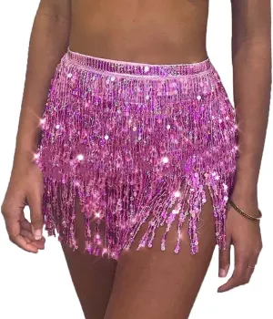 Women Belly Dance Skirt Sequin Fringe Wrap Skirts Sparkly Hip Scarf Skirt Party Rave Costume