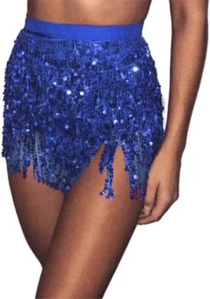Women Belly Dance Skirt Sequin Fringe Wrap Skirts Sparkly Hip Scarf Skirt Party Rave Costume