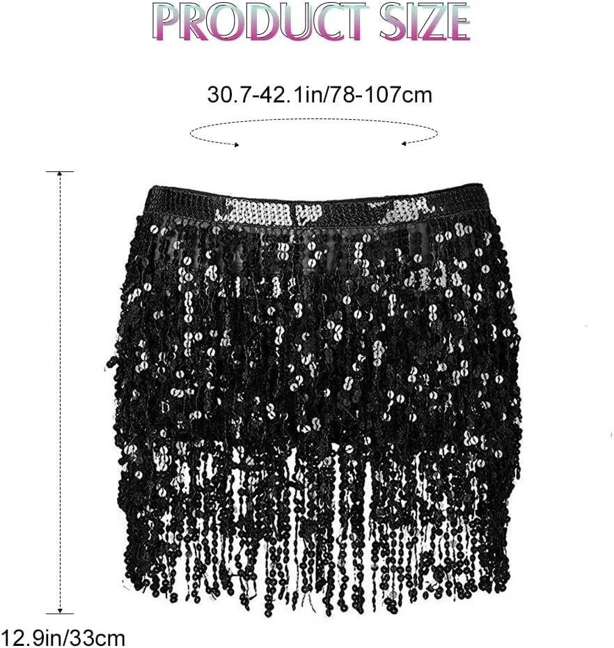 Women Belly Dance Skirt Sequin Fringe Wrap Skirts Sparkly Hip Scarf Skirt Party Rave Costume