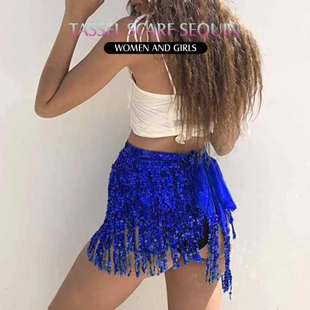 Women Belly Dance Skirt Sequin Fringe Wrap Skirts Sparkly Hip Scarf Skirt Party Rave Costume