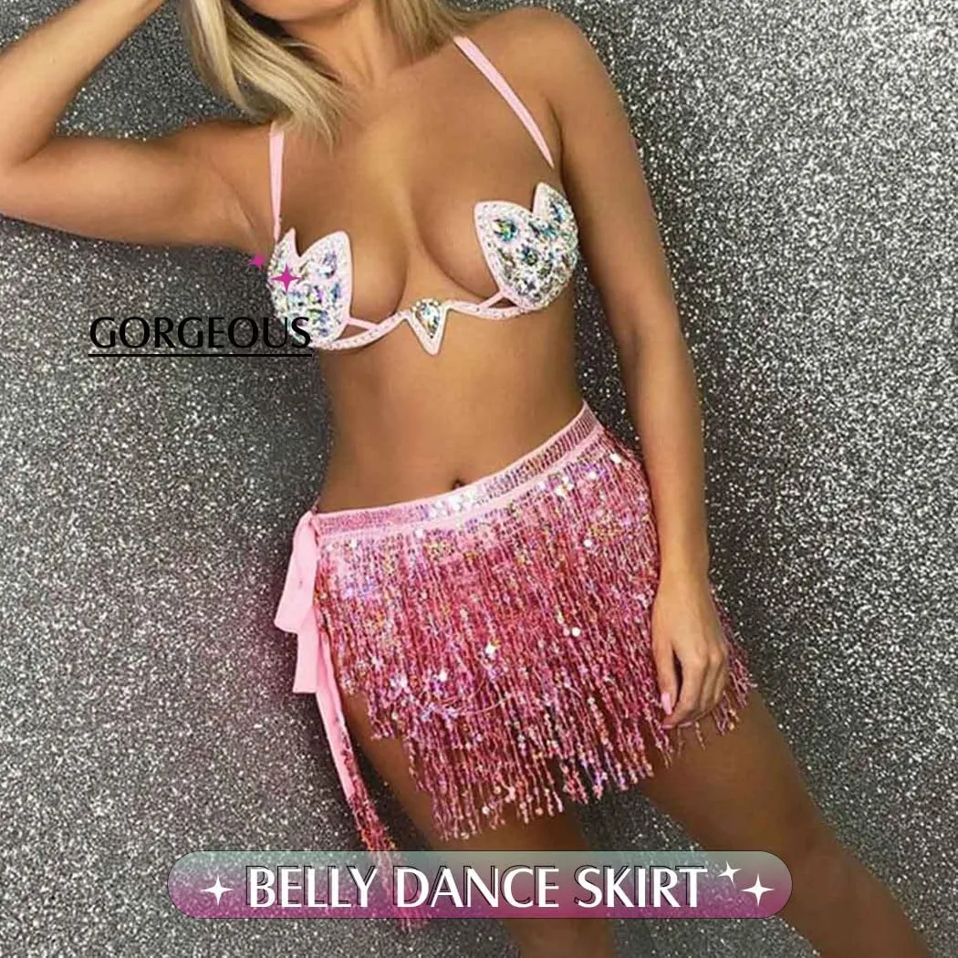 Women Belly Dance Skirt Sequin Fringe Wrap Skirts Sparkly Hip Scarf Skirt Party Rave Costume
