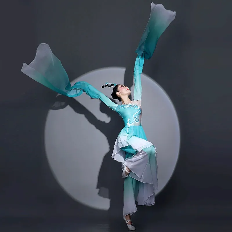 Women chinese folk Water sleeve dance costume blue caiwei dance classical fairy hanfu art test  repertoire performance clothes