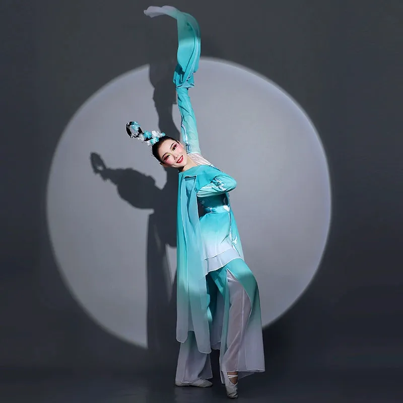 Women chinese folk Water sleeve dance costume blue caiwei dance classical fairy hanfu art test  repertoire performance clothes