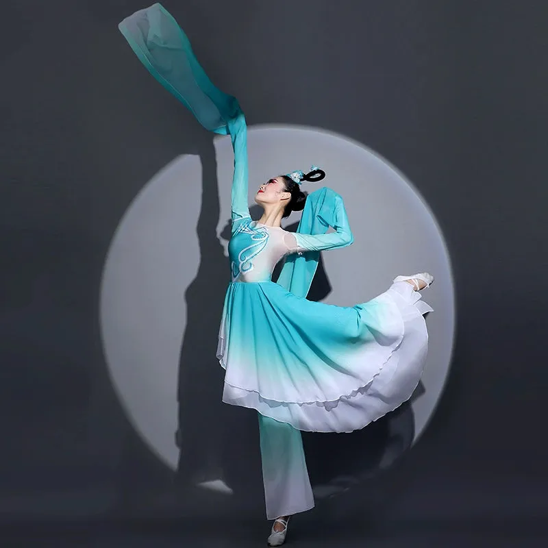 Women chinese folk Water sleeve dance costume blue caiwei dance classical fairy hanfu art test  repertoire performance clothes