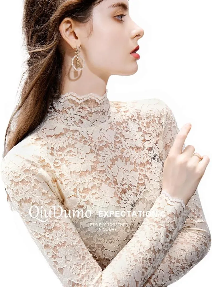 Women Floral Summer Lace Top Eyelash Trim Sexy Long Sleeves Plus Size Casual Dressy Shirt with Camisole Two Piece