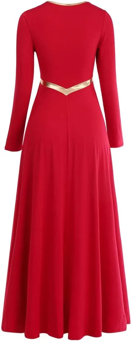 Women Metallic Cross Liturgical Praise Dance Dress Lyrical Dancewear Color Block Full Length Robe Worship Costume
