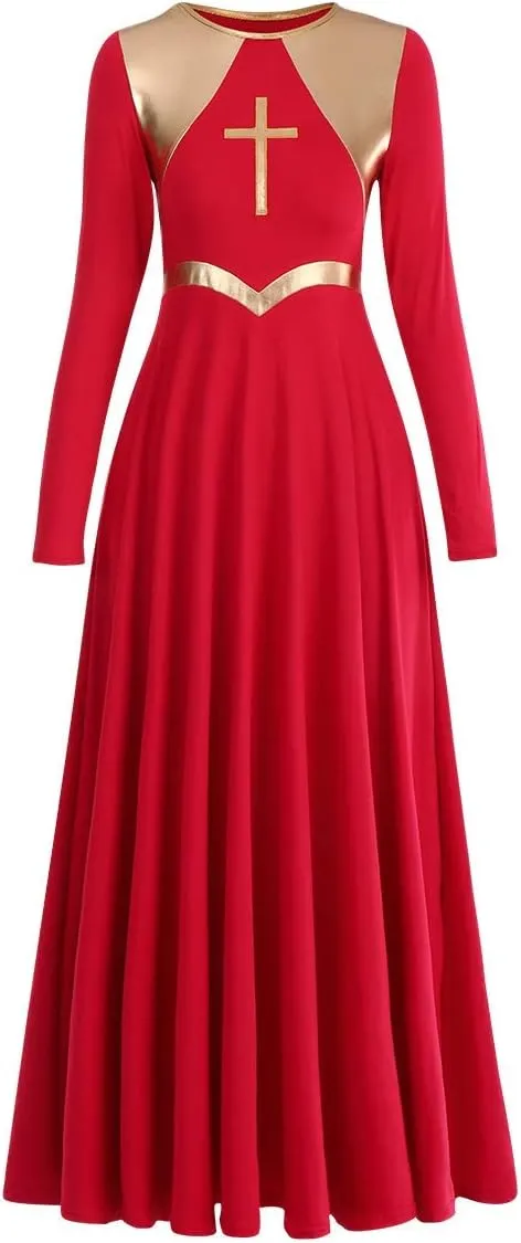 Women Metallic Cross Liturgical Praise Dance Dress Lyrical Dancewear Color Block Full Length Robe Worship Costume