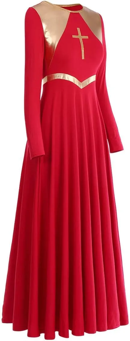 Women Metallic Cross Liturgical Praise Dance Dress Lyrical Dancewear Color Block Full Length Robe Worship Costume