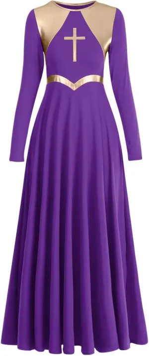Women Metallic Cross Liturgical Praise Dance Dress Lyrical Dancewear Color Block Full Length Robe Worship Costume