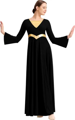 Women Metallic Cross Praise Dance Dress Liturgical Long Sleeve Worship Costume