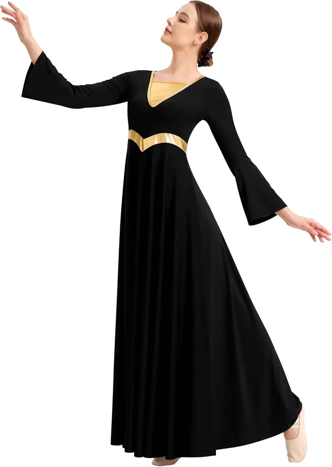 Women Metallic Cross Praise Dance Dress Liturgical Long Sleeve Worship Costume
