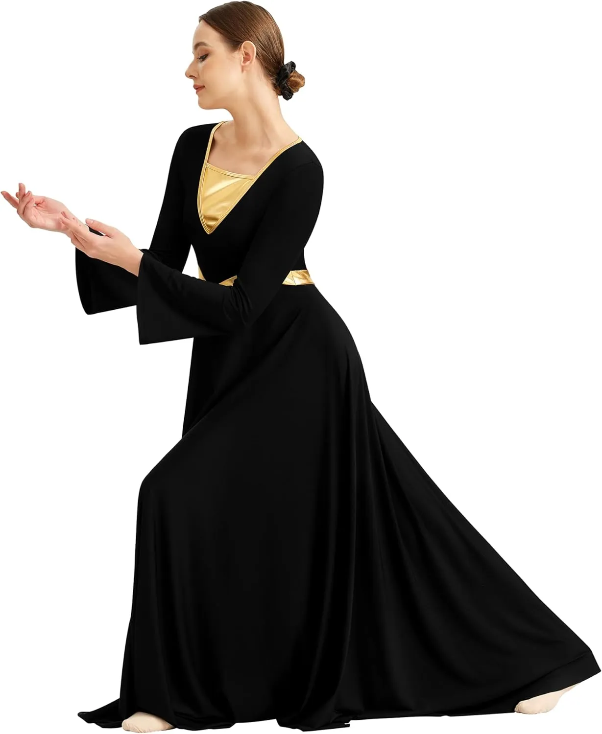 Women Metallic Cross Praise Dance Dress Liturgical Long Sleeve Worship Costume