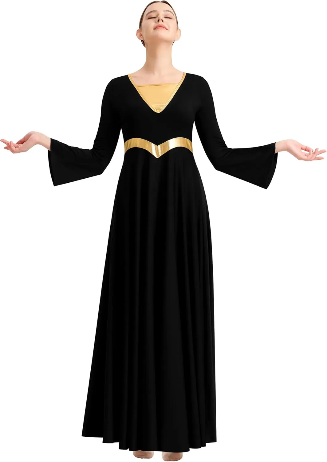 Women Metallic Cross Praise Dance Dress Liturgical Long Sleeve Worship Costume
