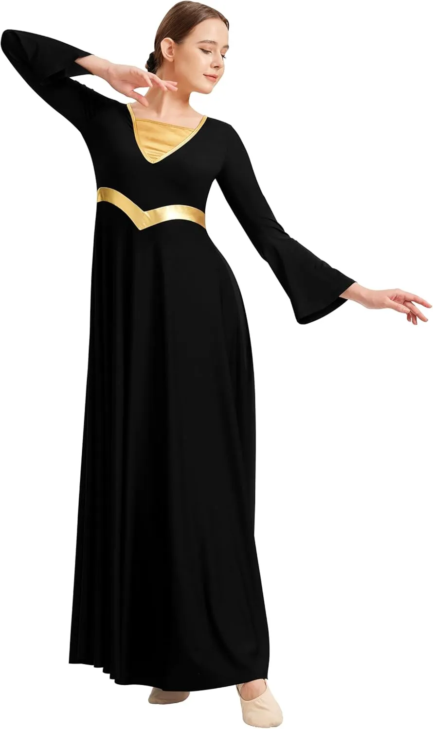 Women Metallic Cross Praise Dance Dress Liturgical Long Sleeve Worship Costume