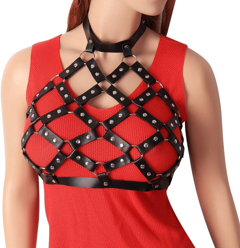 Women Punk Leather Harness Bra Body Cage Crop Tops Bondage Waist Belt Adjust Festival Rave Halloween Costume