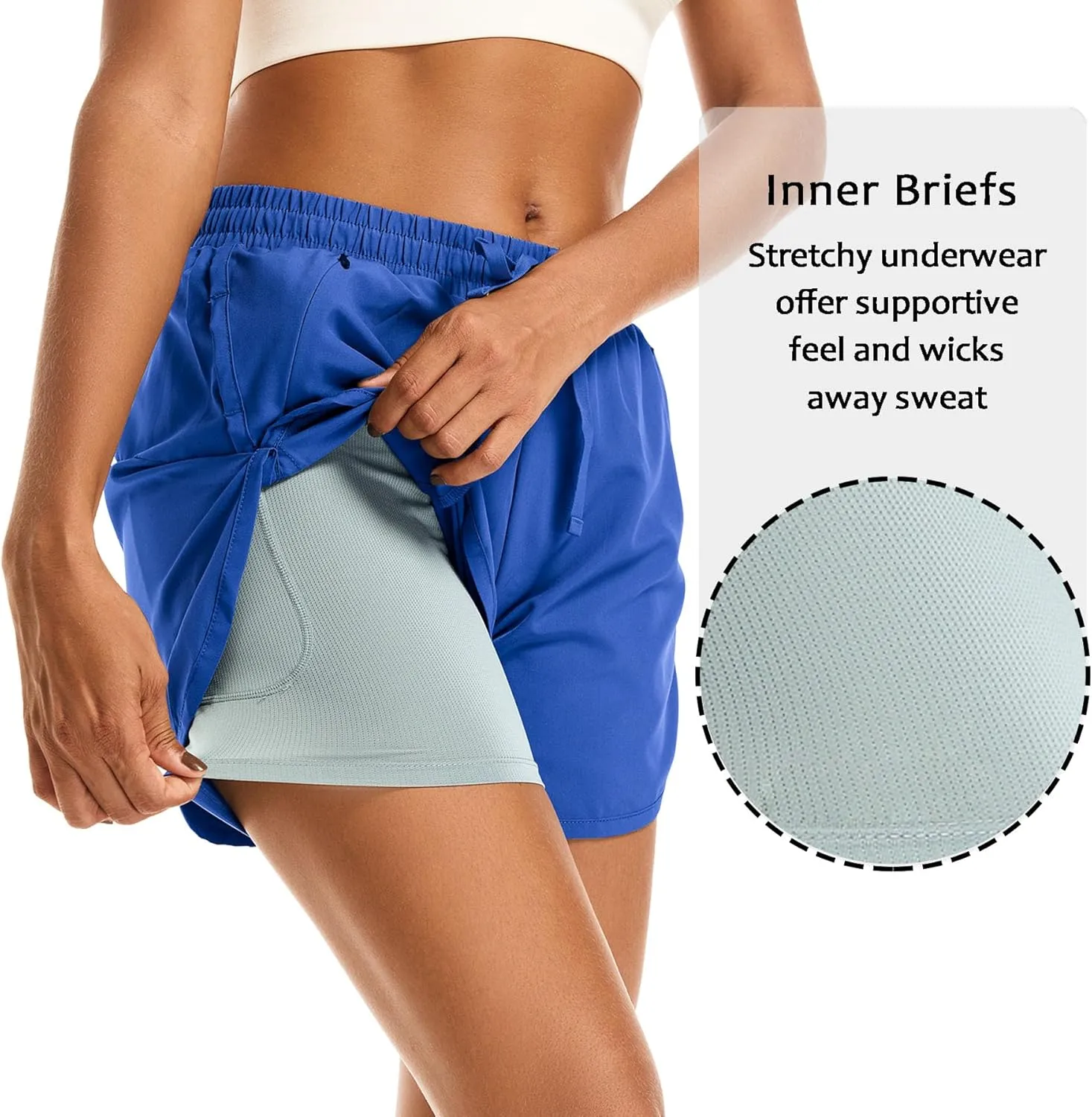 Women's 2 in 1 Athletic Running Shorts High Waisted Workout Casual Gym Sweat Shorts Mesh Comfy Liner Zipper Pockets