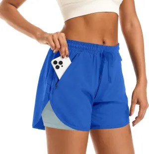 Women's 2 in 1 Athletic Running Shorts High Waisted Workout Casual Gym Sweat Shorts Mesh Comfy Liner Zipper Pockets