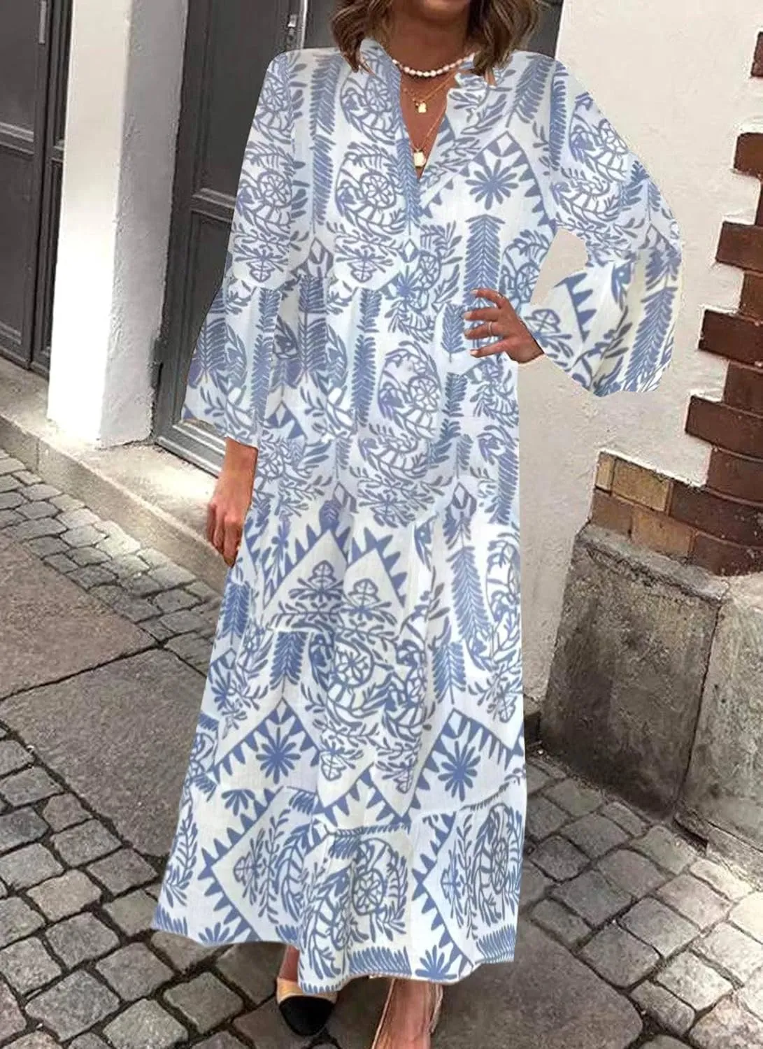 Womens 2025 Elegant Floral Print Maxi Dress Stylish Tiered 3/4 Sleeve Maxi Dress