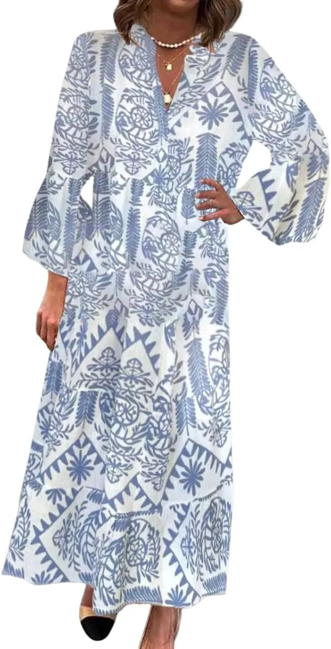 Womens 2025 Elegant Floral Print Maxi Dress Stylish Tiered 3/4 Sleeve Maxi Dress