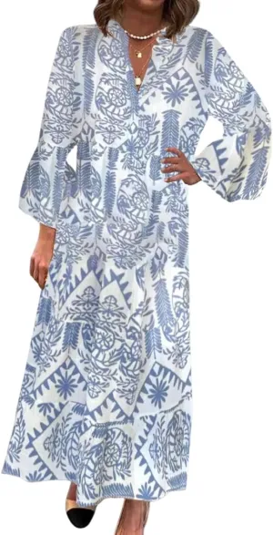 Womens 2025 Elegant Floral Print Maxi Dress Stylish Tiered 3/4 Sleeve Maxi Dress
