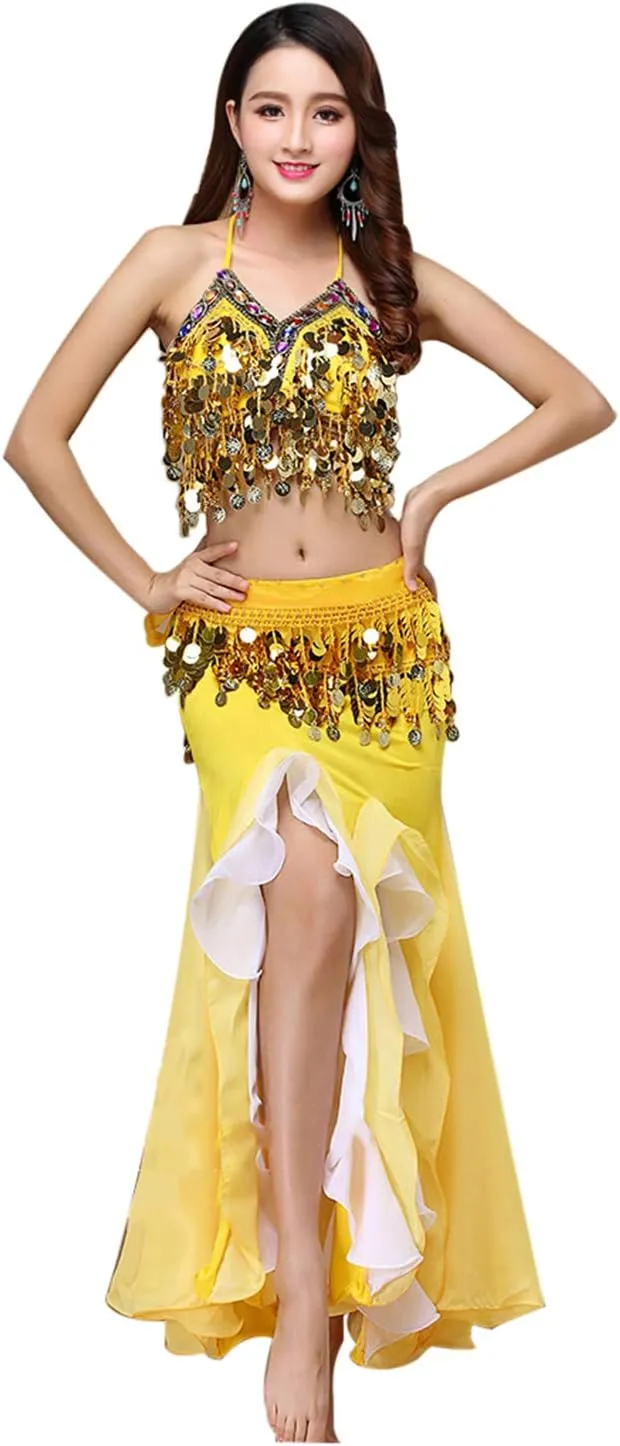 Women's Belly Dance Dress Belly Crop Top Bra Top and Belt Chiffon Dancing Split Skirt Costume 3-Piece Outfit