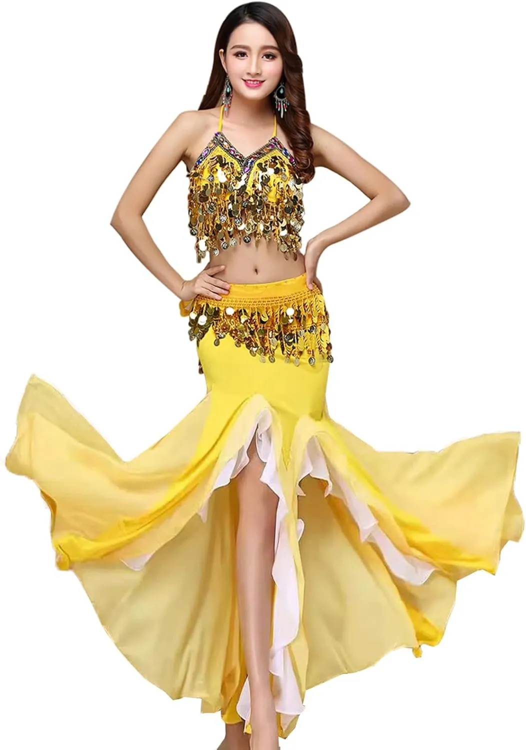 Women's Belly Dance Dress Belly Crop Top Bra Top and Belt Chiffon Dancing Split Skirt Costume 3-Piece Outfit