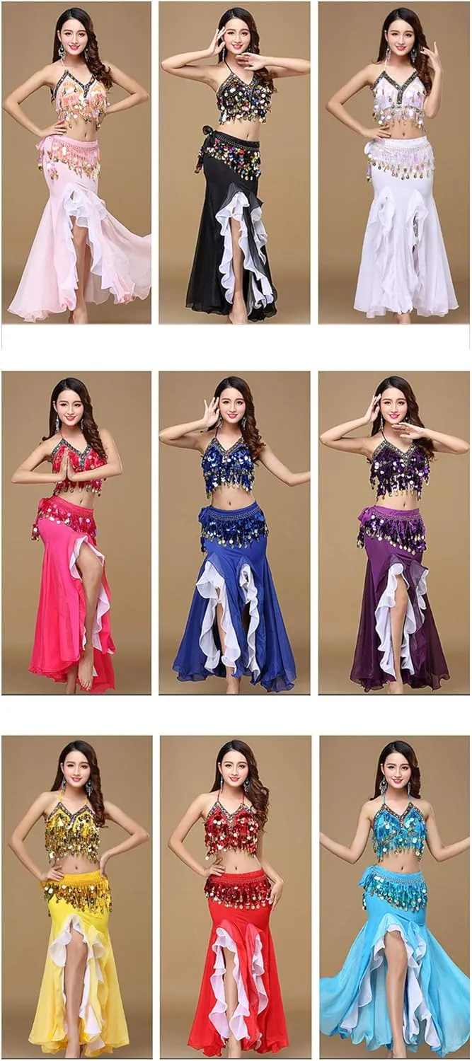 Women's Belly Dance Dress Belly Crop Top Bra Top and Belt Chiffon Dancing Split Skirt Costume 3-Piece Outfit