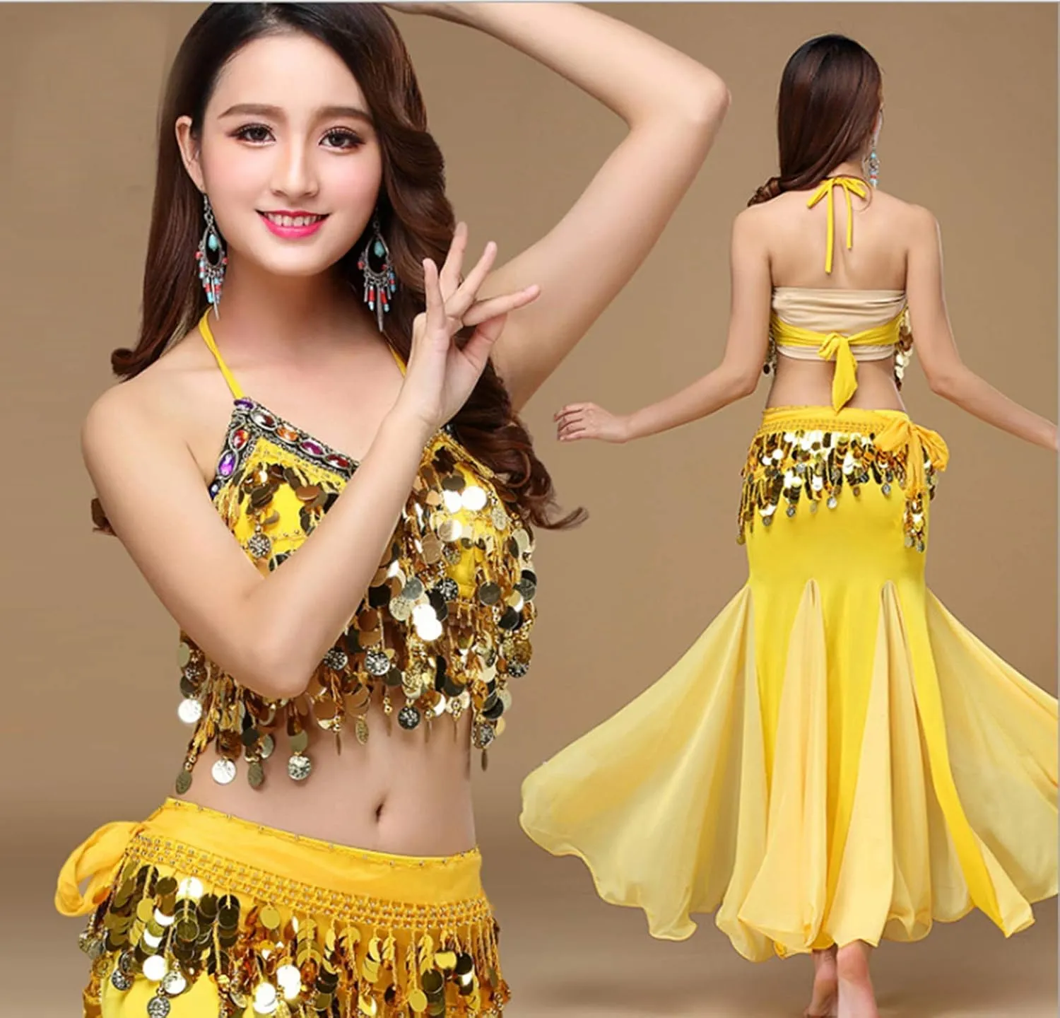 Women's Belly Dance Dress Belly Crop Top Bra Top and Belt Chiffon Dancing Split Skirt Costume 3-Piece Outfit