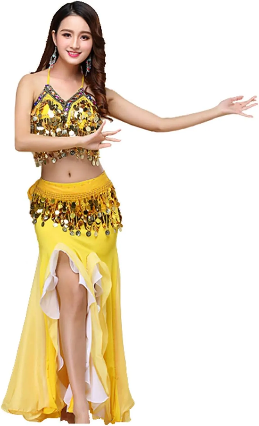 Women's Belly Dance Dress Belly Crop Top Bra Top and Belt Chiffon Dancing Split Skirt Costume 3-Piece Outfit