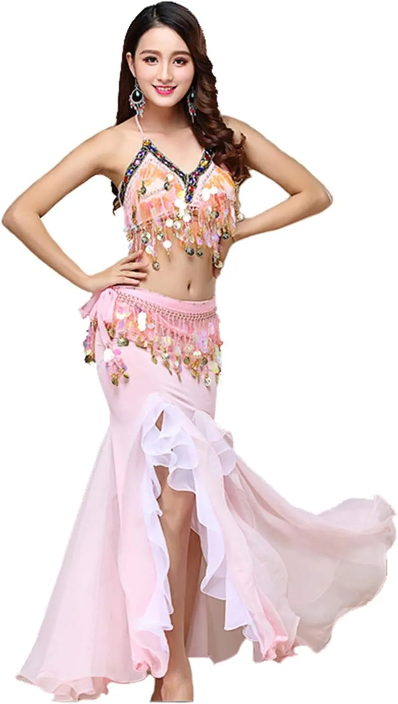 Women's Belly Dance Dress Belly Crop Top Bra Top and Belt Chiffon Dancing Split Skirt Costume 3-Piece Outfit