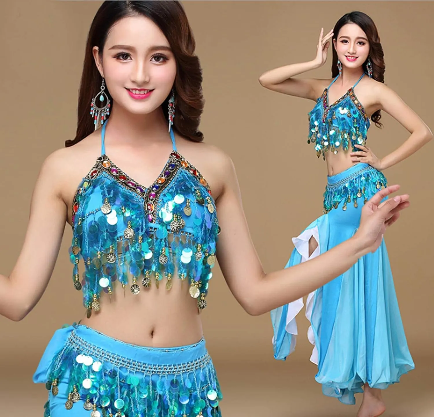 Women's Belly Dance Dress Belly Crop Top Bra Top and Belt Chiffon Dancing Split Skirt Costume 3-Piece Outfit