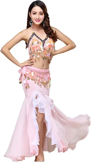 Women's Belly Dance Dress Belly Crop Top Bra Top and Belt Chiffon Dancing Split Skirt Costume 3-Piece Outfit