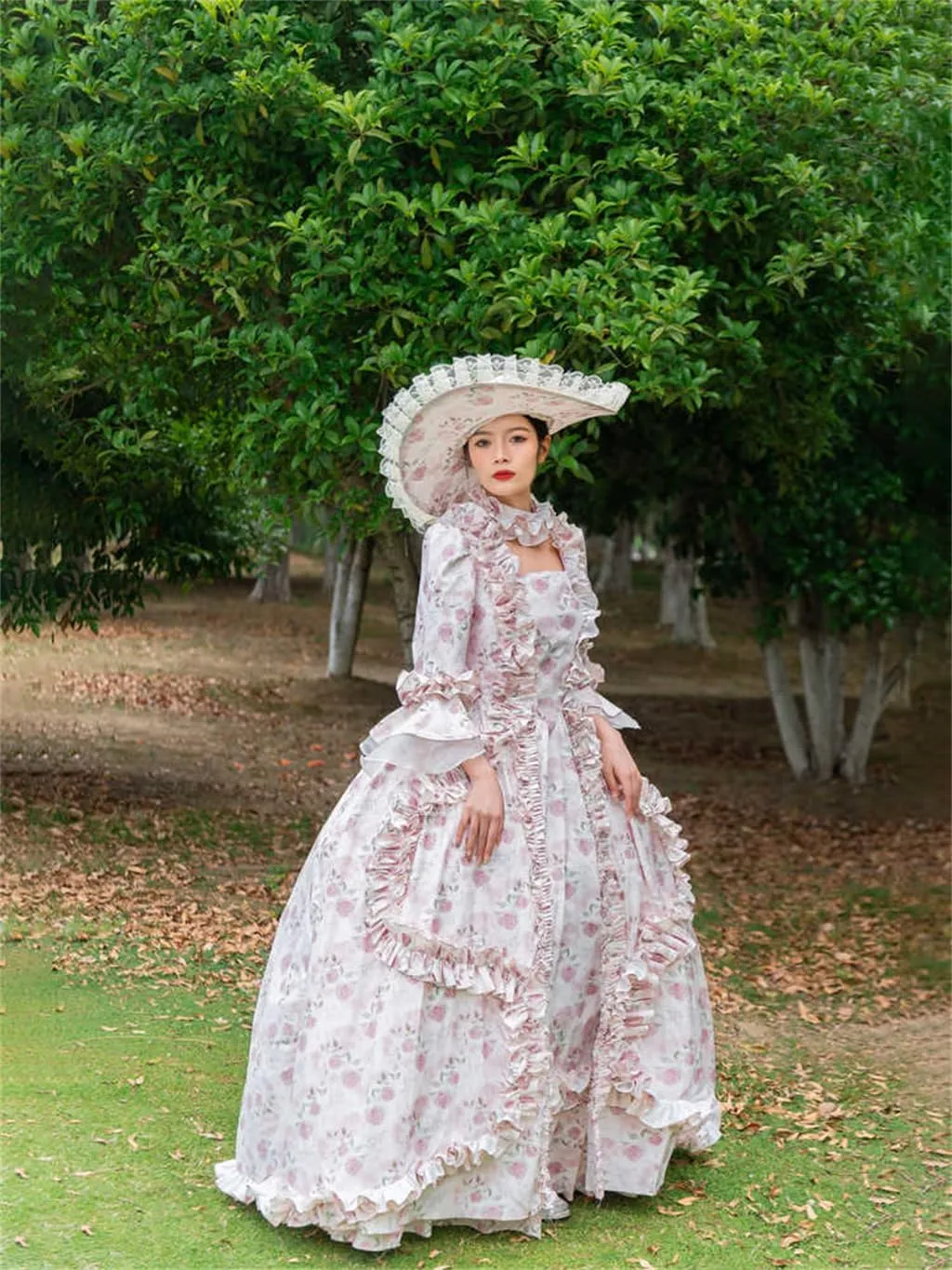 Women's European Court White Floral Long Dress Skirt 19th Retro Princess Cosplay Costume Custom Made