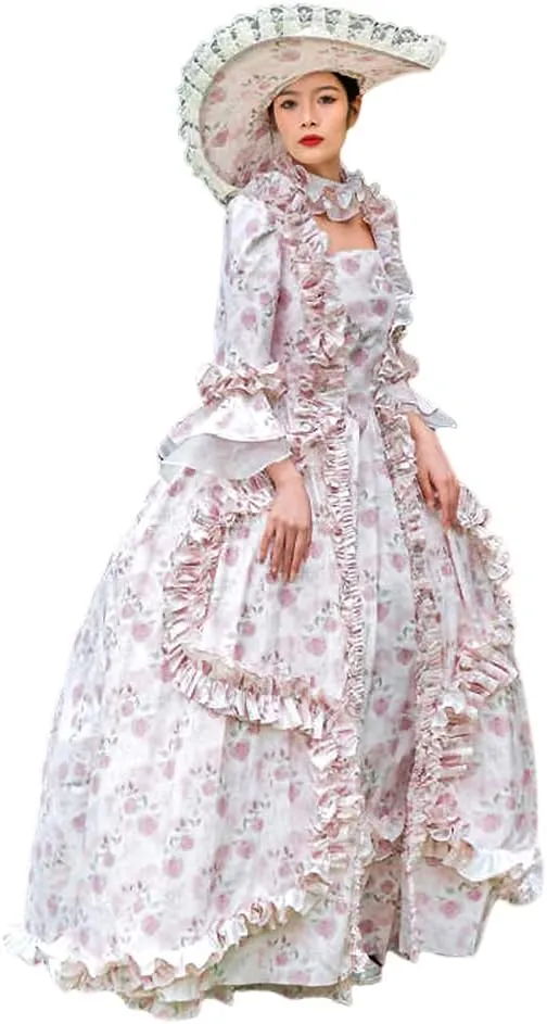 Women's European Court White Floral Long Dress Skirt 19th Retro Princess Cosplay Costume Custom Made