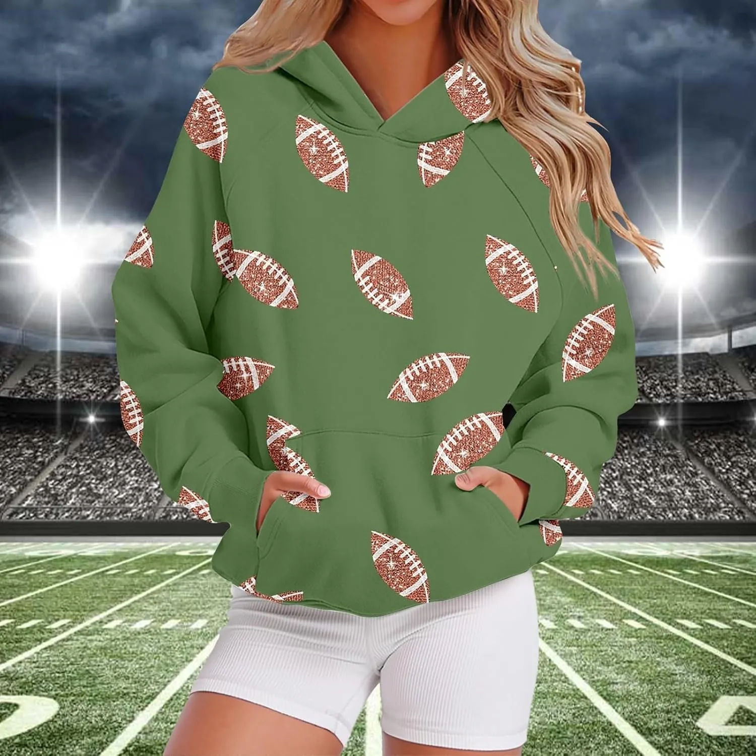 Womens Football Sequin Y2k Sweatshirt Crewneck Letter Graphic Pullover Long Sleeve Sweatshirt for Women 2024