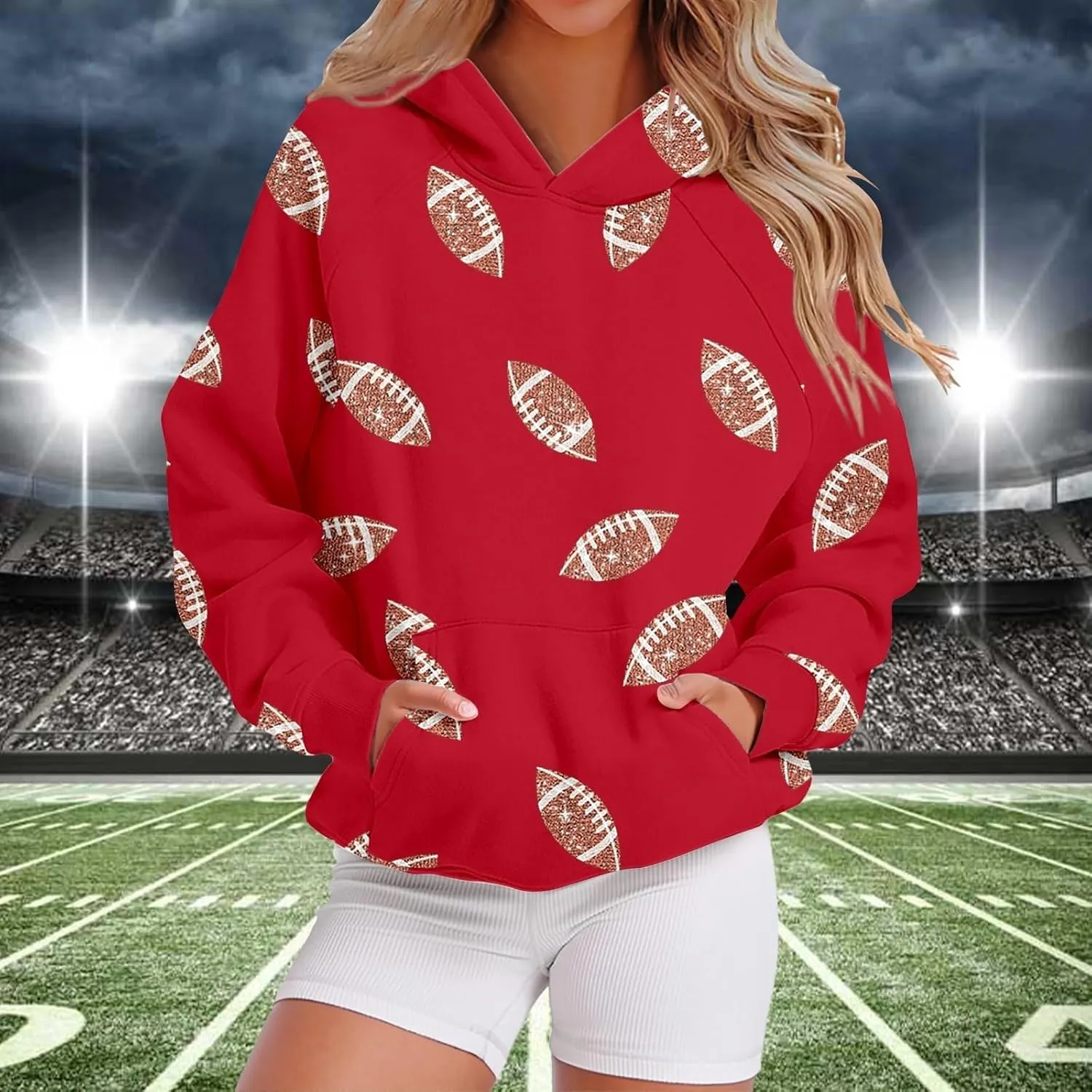 Womens Football Sequin Y2k Sweatshirt Crewneck Letter Graphic Pullover Long Sleeve Sweatshirt for Women 2024