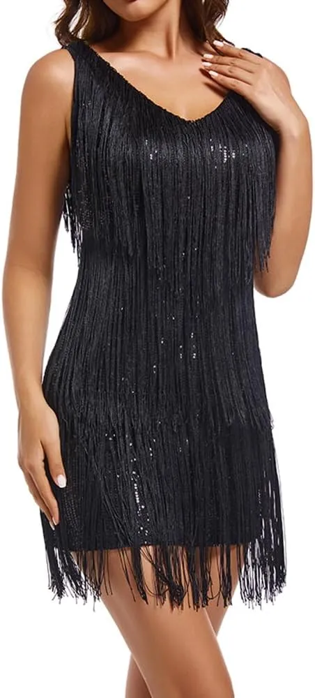 Women's Gatsby 20S Flapper Roarin Cocktail Vintage Tassel Mini Dress, Wedding Fringe Party Club Mini Glitter Dress