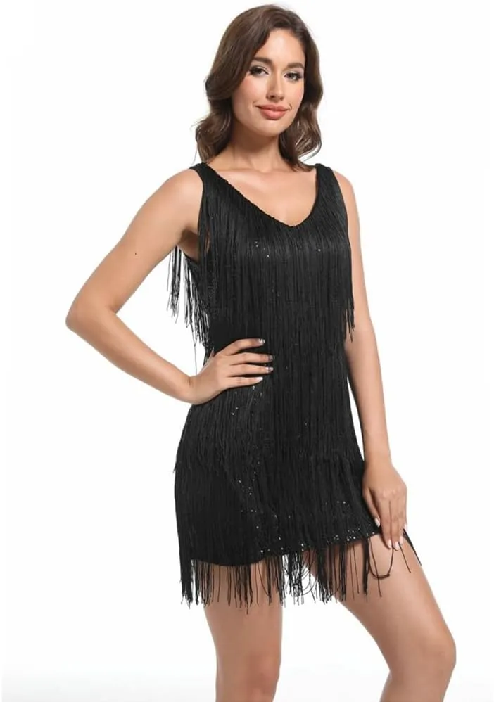 Women's Gatsby 20S Flapper Roarin Cocktail Vintage Tassel Mini Dress, Wedding Fringe Party Club Mini Glitter Dress