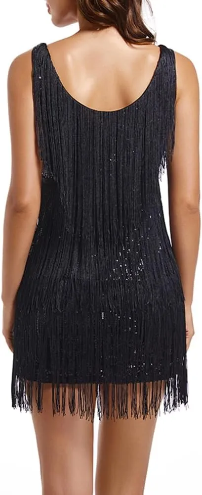 Women's Gatsby 20S Flapper Roarin Cocktail Vintage Tassel Mini Dress, Wedding Fringe Party Club Mini Glitter Dress