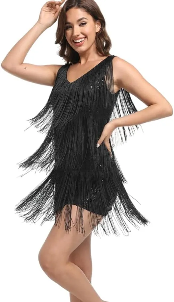 Women's Gatsby 20S Flapper Roarin Cocktail Vintage Tassel Mini Dress, Wedding Fringe Party Club Mini Glitter Dress