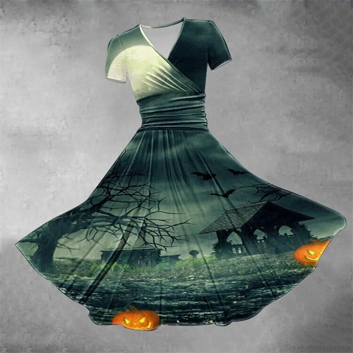 Women's Halloween Dress V Neck Short Sleeve Casual Dresses Womens Pumpkin Dress Halloween Dresses for Women Women's
