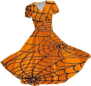 Women's Halloween Dress V Neck Short Sleeve Casual Dresses Womens Pumpkin Dress Halloween Dresses for Women Women's