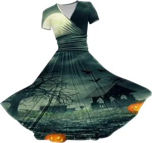 Women's Halloween Dress V Neck Short Sleeve Casual Dresses Womens Pumpkin Dress Halloween Dresses for Women Women's