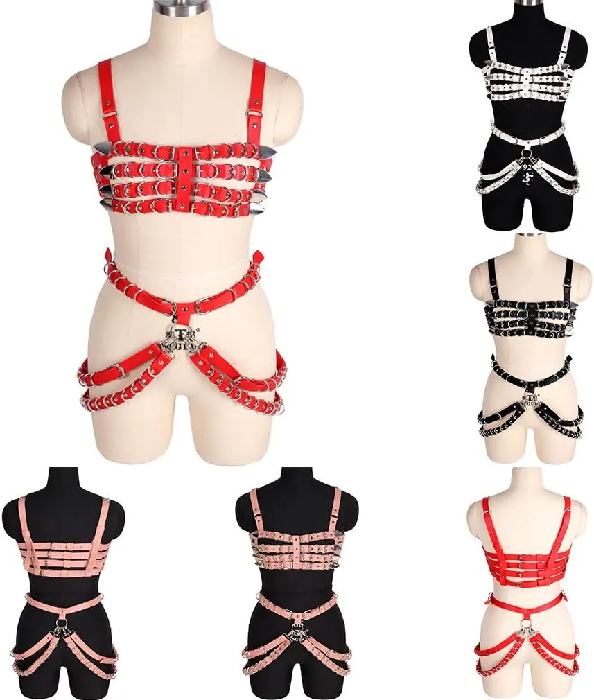 Women's Leather Body Harness Bra Garter Belt Set Punk Gothic Dance Carnival Costume Accessories